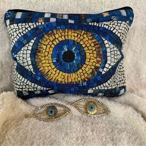 PROTECTION LUCKY EVIL EYE TOILETRY MAKEUP BAG AND EVIL EYE HAIR BARRETTES NWOT